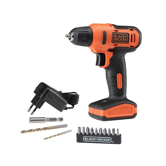 Photo of BLACK+DECKER LD12S cordless drill with charger, drill bits, and screwdriver bits, side angle on white background.
