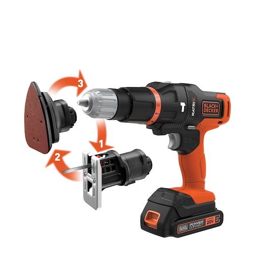 BLACKDECKER MTX20K3B cordless drill with interchangeable attachments, orange and black, front angle on white.