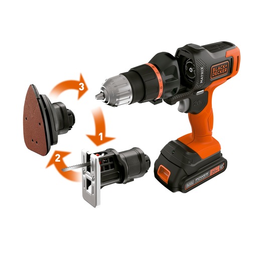 BLACK+DECKER MTX20K3B cordless drill with interchangeable attachments for sanding and cutting, side angle on white.