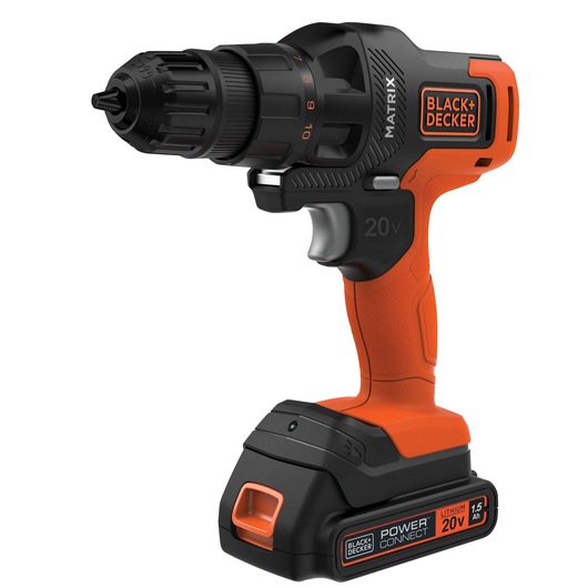 BLACKDECKER MTX20K3B cordless drill in orange and black, side angle, with 20V lithium battery.