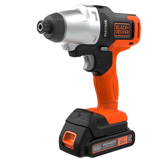 Photo of BLACK+DECKER MTX20K6A cordless impact driver, orange and black, side view on white background.