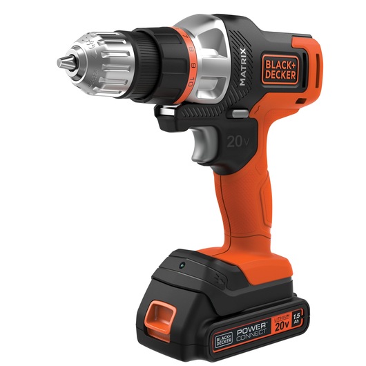 BLACK+DECKER MTX20K6A cordless drill 20V with orange and black design, front right angle, on white background.