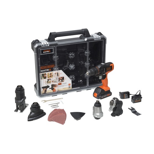 BLACKDECKER MTX20K6A cordless drill kit with multi-tool attachments, carrying case, charger, and accessories, front angle.
