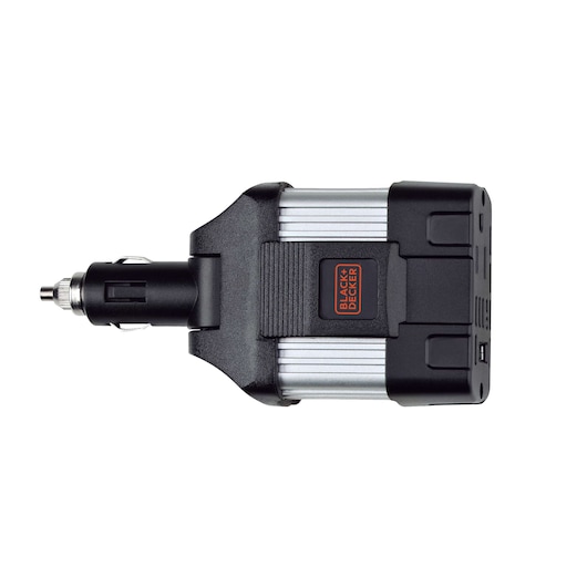 BLACKDECKER PI100LA car power inverter with USB port, black and silver, top angle, photography category.