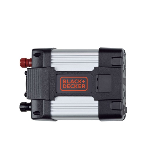 Photo of BLACK+DECKER PI400LA power inverter, compact design with black and silver body, front angle on white background.
