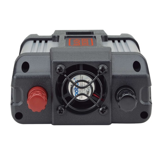 BLACKDECKER PI400LA power inverter front view with cooling fan, red and black terminals, black housing.
