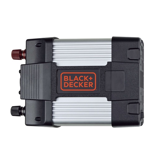 BLACK+DECKER PI750LA silver and black power inverter, top view, with ribbed casing and visible connectors.