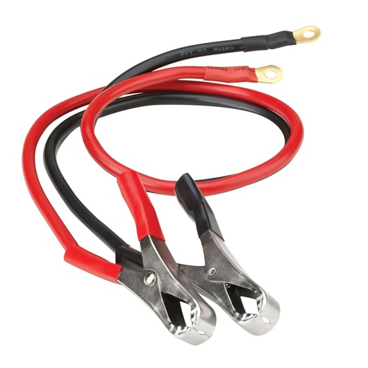 BLACKDECKER PI750LA jumper cables, red and black, clamps and ring terminals, front angle, white background.