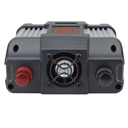 Front view photo of BLACKDECKER PI750LA portable power inverter with cooling fan, black body, red and black knobs.