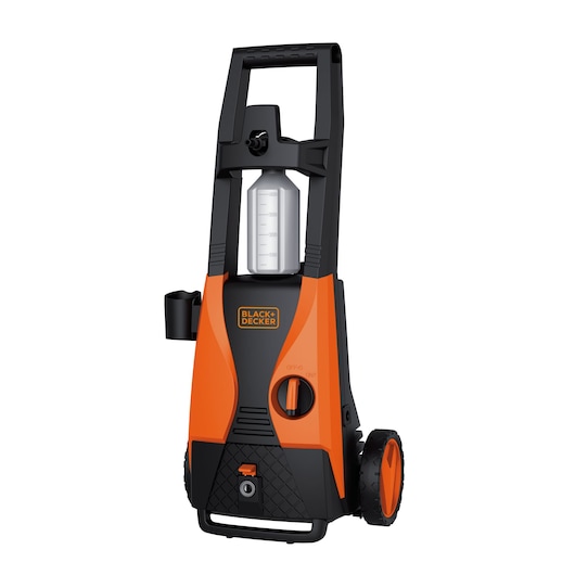 BLACK+DECKER PW1450TDL pressure washer, orange and black, front angle, wheels and detergent bottle visible.