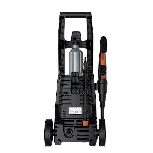 BLACKDECKER PW1450TDL pressure washer rear view, black and orange, wheels and hose visible.