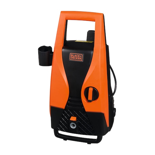 Photo of BLACK+DECKER PW1450TD pressure washer, front angle, orange and black compact body, white background.