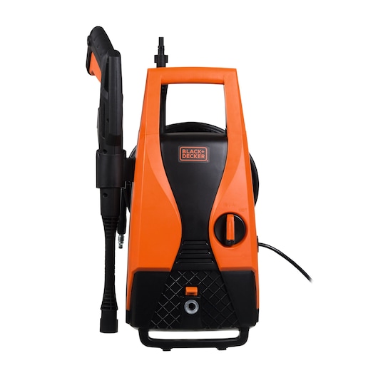 Front angle photo of BLACK+DECKER PW1450TD electric pressure washer, orange and black casing, handle and hose.