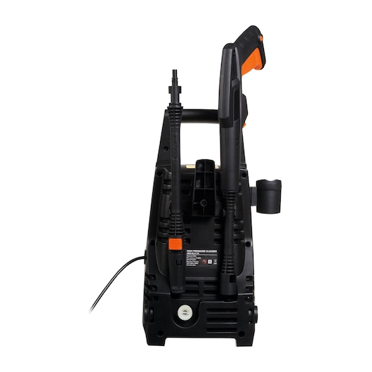 BLACKDECKER PW1450TD pressure washer rear view, black body with orange accents, hose and handle attached.