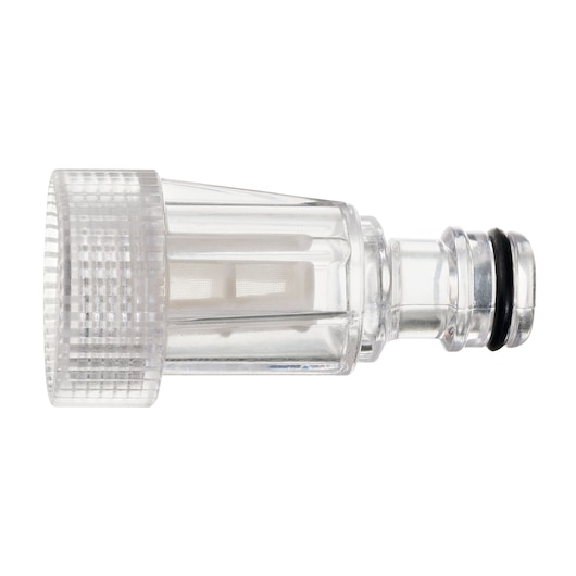 BLACKDECKER PW1450TD transparent plastic hose filter for pressure washer, side angle on white background.