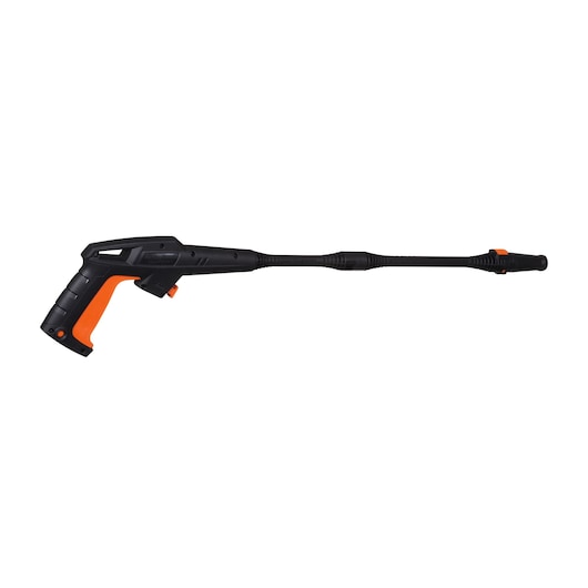BLACKDECKER PW1450TD pressure washer spray gun in black and orange, side view on white background.