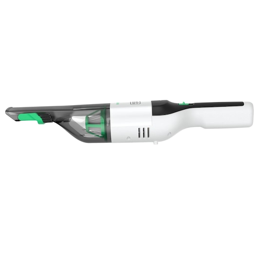 BLACKDECKER REVHV8C handheld vacuum cleaner, white and black with green accents, side view on white background.