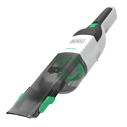 BLACKDECKER REVHV8C handheld vacuum cleaner, white and black with green accents, front angle on white background.