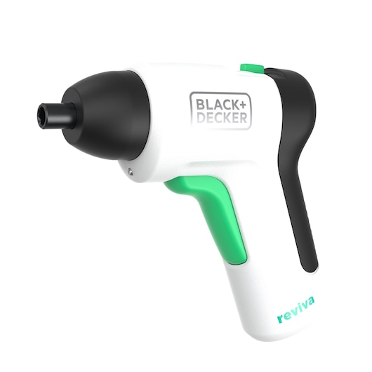 BLACKDECKER REVSD4C cordless screwdriver, white and black body with green accents, side angle photo.