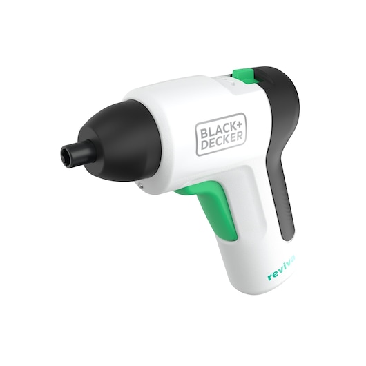 BLACK+DECKER REVSD4C cordless screwdriver, white and black with green accents, front angle.