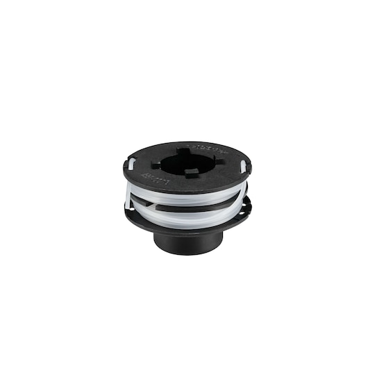 BLACKDECKER GL350 spool with white trimmer line, front angle, black plastic housing, photography.