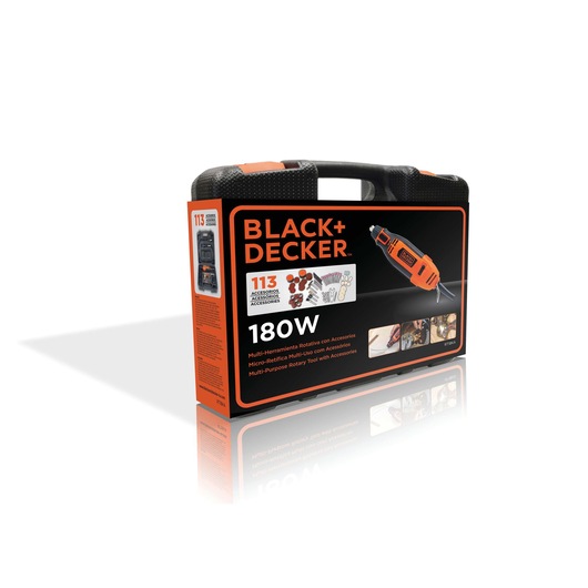 BLACK+DECKER RT18KA multi-purpose rotary tool kit, 180W, 113 accessories, front left angle, black and orange case.